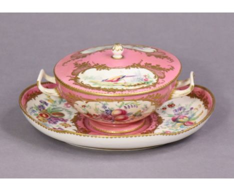 AN 18th century SEVRES PORCELAIN TWO-HANDLED BOWL, COVER &amp; STAND, of pink ground with finely painted reserves of birds, f