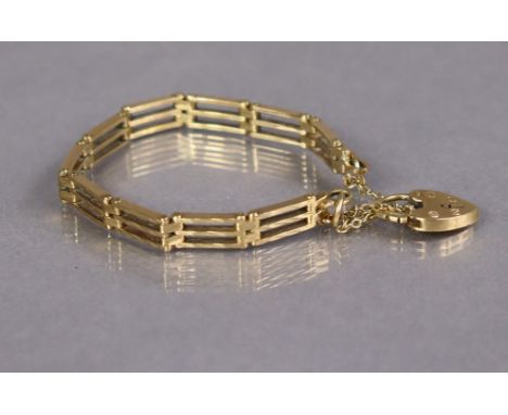 A 9ct gold flexible gate-link bracelet with padlock clasp &amp; safety chain (18.2g)