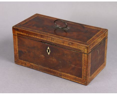 A George III inlaid mahogany tea caddy of plain rectangular form, enclosing two lidded compartments, 9” wide x 4½” high x 4½”