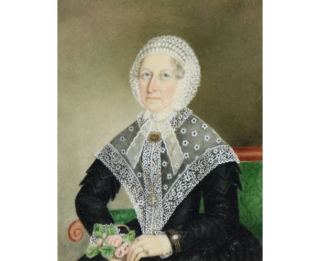 ENGLISH SCHOOL, 19th century. A portrait miniature of an elderly lady wearing lace bonnet (possibly Lydia Huyshe), 3½” x 2¾”,