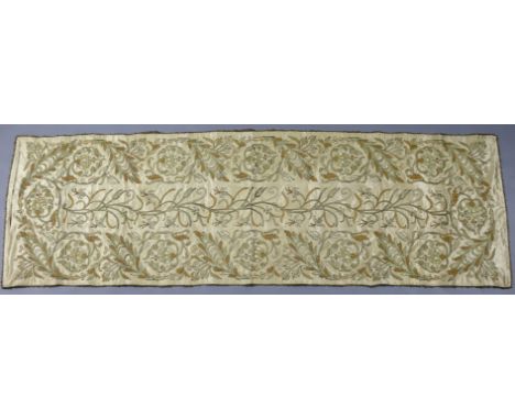 A late Victorian silk &amp; metallic-thread embroidered table runner, with raised foliate design in gold tones on a cream/gol