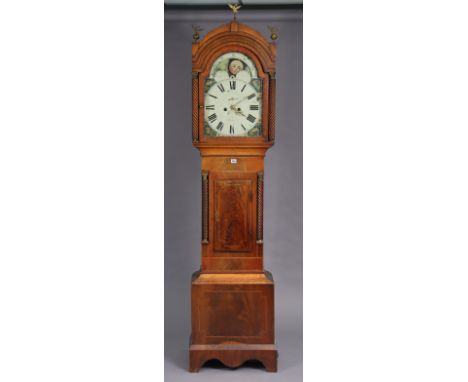 An early 19th century longcase clock, the 14” painted dial with moon-phase, inscribed “Portsea” (name illegible), with subsid