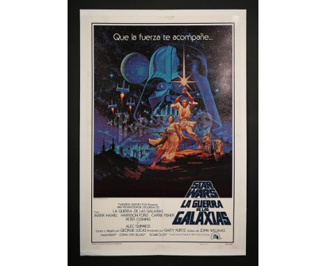 Hildebrandt artwork illustrating this linen-backed US 1-Sheet Spanish language "Star Wars" (1977) poster, the poster designed