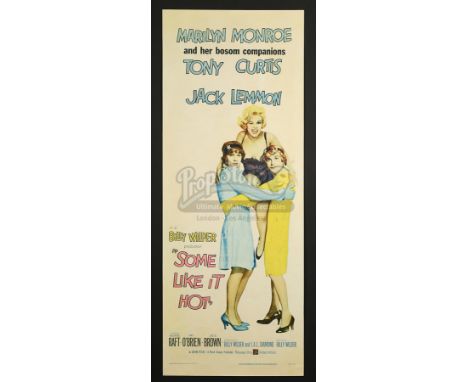 Paper-backed US Insert for "Some Like It Hot" (1959) showing Tony Curtis and Jack Lemmon in drag hoisting Marilyn Monroe alof