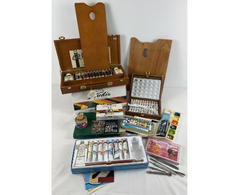 A box of assorted art supplies to include new and nearly new items. Lot includes: sealed box of Pebeo fine oil colours, Rembr