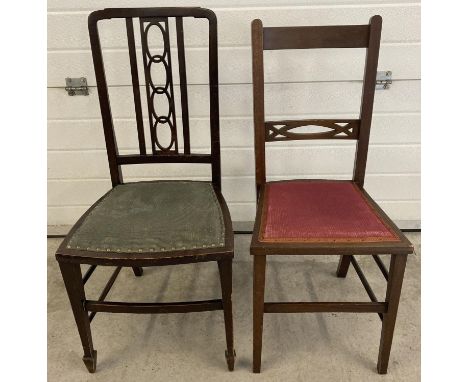 2 vintage dark oak bedroom chairs with decorative detail to backs. Both have been reupholstered. 