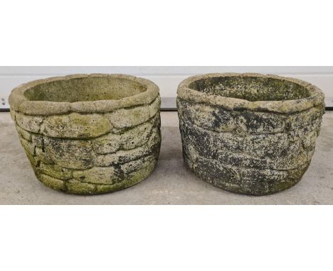 2 vintage concrete garden planters with brick effect design. Approx. 21cm tall x 32 diameter. 