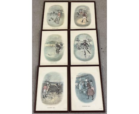 A set of six framed and glazed vintage prints depicting Victorian sports. To include: coaching, golf, fishing and curling. Ea