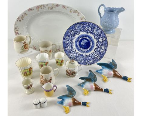 A collection of vintage and Victorian ceramics to include commemorative items. Lot includes Foley China 'Far and Sure' golfin