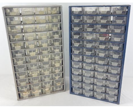 2 vintage 48 tray metal workshop screw cabinets. One silver, one blue. Blue cabinet contains a number of varying sized screws