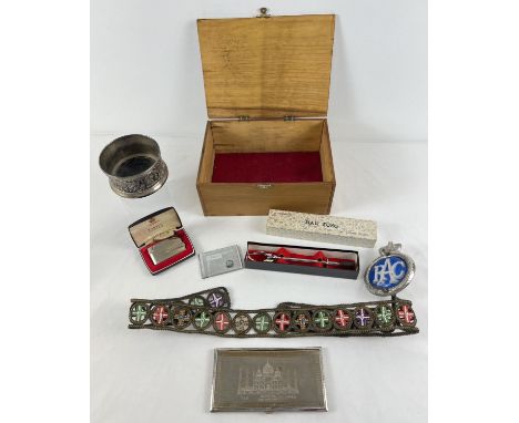 A vintage wooden box together with a collection of assorted vintage items. To include: boxed Ronson lighter, boxed automatic 