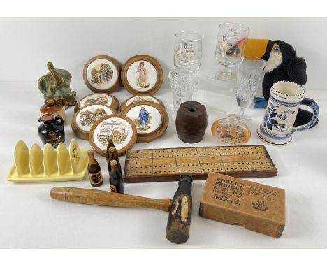 A collection of vintage brewery related and assorted misc items. To include: Guinness glasses, gavel and miniature bottles of