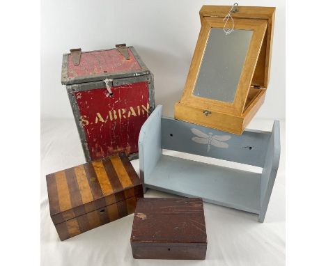 A collection of assorted vintage wooden items, to include writing boxes, vanity box with mirrored stand to interior and book 