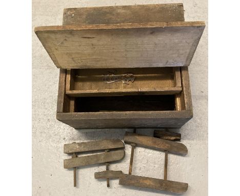 A vintage pine tool box with interior draw together with wooden clamps. 