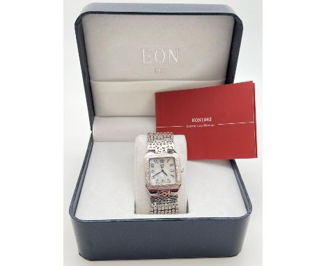 A boxed Eon 1962 925 silver ladies wristwatch from the Royal Bali Collection. Square case with mother of pearl face and multi
