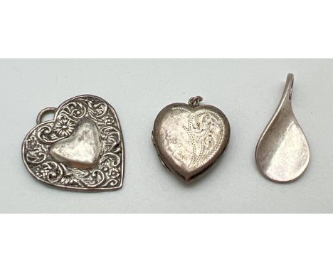 3 vintage and modern silver pendants. A modern 925 silver teardrop shaped twist design pendant; a 925 silver heart shaped pen