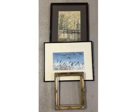 2 framed and glazed watercolours together with a modern gilt wood picture frame. A vintage unsigned watercolour depicting tre