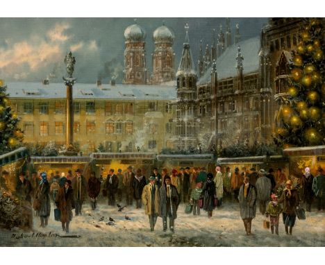 Kaplan, Hubert  (geb. 1940 in München) Weihnachtsmarkt auf dem Münchner Marienplatz  Sign. Öl auf Holz. 13×17,8 cm. Signatur 