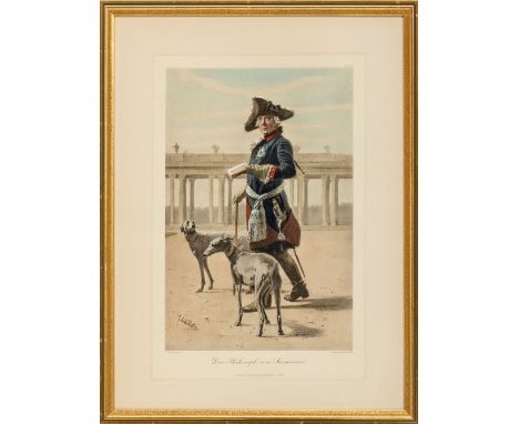 Friedrich II. von Preußen - "Der Philosoph von Sanssouci"  Friedrich der Große mit Buch und zwei Windspielen. Farbdruck nach 