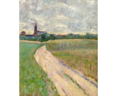 Büchsel, Elisabeth (Stralsund 1867-1957) Blick über Feldweg zum Dorf Schaprode auf Rügen   Sign. Öl auf Lwd. 48×38 cm. Rücks.