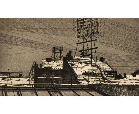 Müller, Richard (Tschirnitz a.d. Eger, Dresden 1874-1956) "Schneedächer mit Telephonstand", 1899  Radierung als Kunstbeilage 