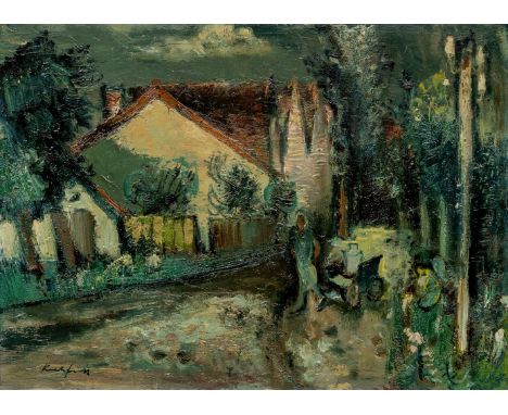 Kuhfuss, Paul (Berlin 1883-1960) Dorfstraße mit Bäuerin, einen Milch-Karren ziehend  Sign. Öl auf Holzplatte. 35×47,5 cm. Rüc