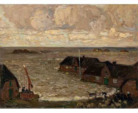 Hartig, Hans (Carvin/Pommern, Berlin 1873-1936) Sturmflut auf Sylt  (um 1911) Sign. mit Ortsangabe "Sylt". Öl auf Malpappe. C