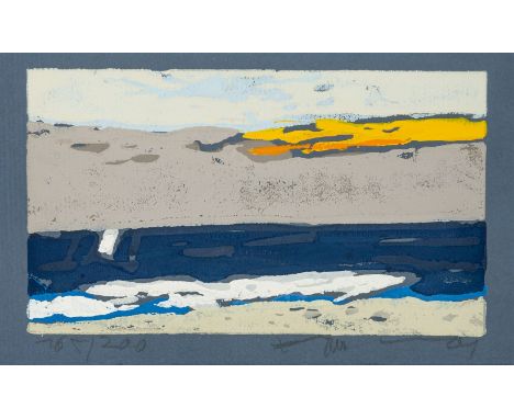 Fussmann, Klaus (geb. 1938 in Velbert) Ostsee (abends)  Farblinolschnitt auf blauem Bütten. 14×24 auf ca. 16,6×27,6 cm. Sign.