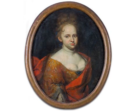 Holländischer Porträtmaler (um 1690) Brustbildnis  einer jungen, vornehmen Dame in ausgeschnittenem braunem Brokatkleid mit r