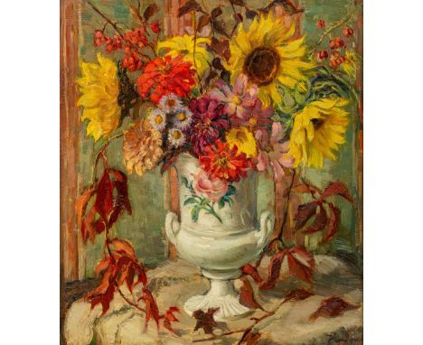Hempfing, Wilhelm (Schönau, Karlsruhe 1886-1948) Spätsommerstrauß mit Sonnenblumen, Astern, Zinnien und welkenden Blättern in