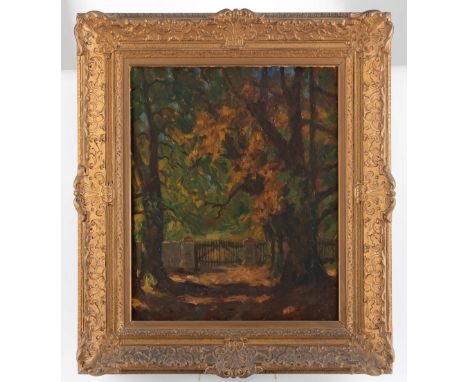 Landschaftsmaler  (um 1900) Verschattete Allee mit Eingangstor   Unbez. Öl auf Lwd. 68×56 cm. (Rücks. eine Leinwandbesch. rep