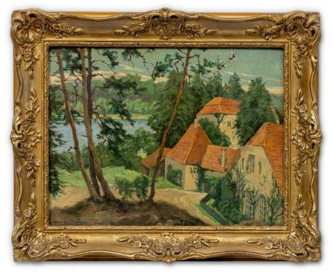 Kuhfuss, Paul (Berlin 1883-1960) Berlin. Jagdschloss Grunewald  Sign. Öl auf Malkarton. 34×43 cm. Rücks. sehr verblasste Schr
