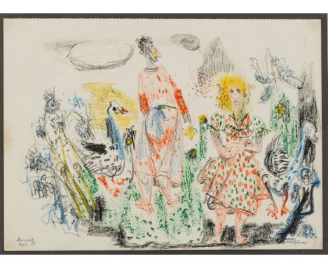 Kuhfuss, Paul (Berlin 1883-1960) "Frau, Kind und Gänse im Garten"  1955 Farbige Wachskreidezeichnung. Sign., Ortsbez. u. dat.