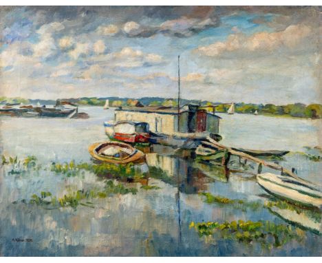 Hübner, K.  (um 1924) Sommerliche Havellandschaft mit Hausboot und Ruderkähnen  Sign. u. dat. 1924. Öl auf Lwd. 55×69 cm. (Kl
