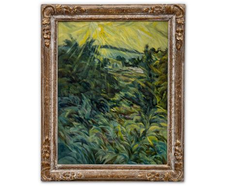 Kuhfuss , Paul (Berlin 1883-1960) Gräser und Sonnenstrahlen  Sign. Öl auf Lwd. (doubl.). 54×41,5 cm. Rücks. Kärtchen mit Nach