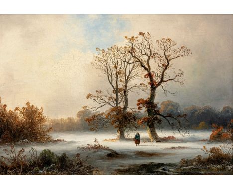 Lange , Gustav  (Mülheim/R., Düsseldorf 1811-1887) Winterliche Stimmung mit heimkehrender Bäuerin   Sign. Öl auf Lwd. (doubl.