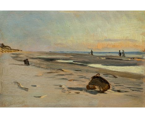 Dücker, Eugen (Arensburg/Estland, Düsseldorf 1841-1916) Breiter Sandstrand mit Priel und angeschwemmtem Korb  In der Ferne Sp