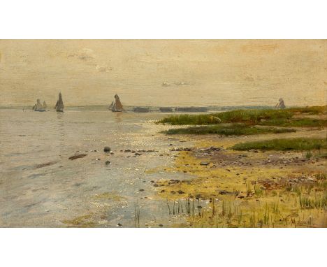 Moras, Walter (Berlin 1856-1925) Flache Uferlandschaft mit Segelbooten  Sign. Öl auf Malkarton. 27×45 cm. R.  (61233)