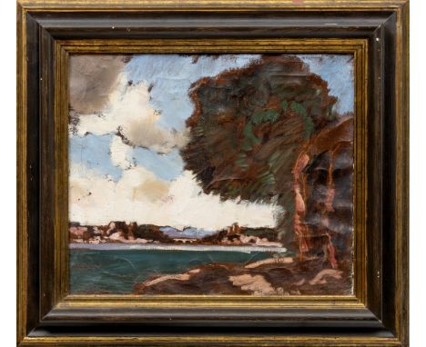 Urban, Hermann (New Orleans, Bad Aibling 1866-1946) Felsige Küstenlandschaft mit wuchtigem Baum   Sign. Öl auf Leinen. 34,5×4