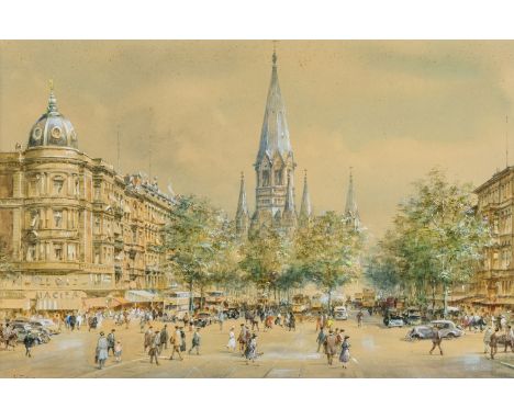 Tritt, Wolfgang (Berlin 1913-1983) Berlin - Der Kurfüstendamm  Aquarell, weiß gehöht. Sign. Belebter Boulevard mit Blick auf 