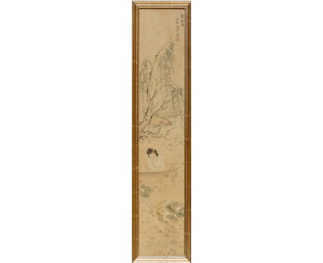 Frau in Kahn unter Weidenbaum  China Malerei auf Papier. Aufschrift. 95×18 cm. R. (61236)