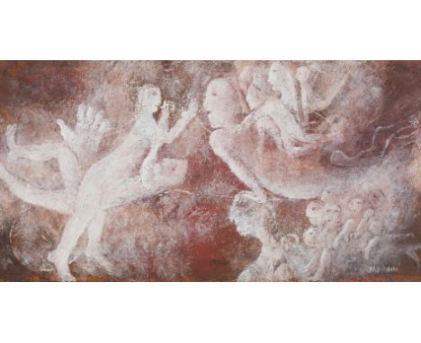 Husáriková, Jindra (Aussig a. d. Elbe, Prag 1931-2016) Surrealer Traum mit schwebenden Figurengruppen  Mischtechnik auf Malka