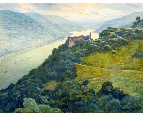 Engelhardt-Kyffhäuser, Otto (Artern, Göttingen 1884-1965) Rheinlandschaft mit Burg Rheinfels  Sign. u. dat. 1912. Aquarell au