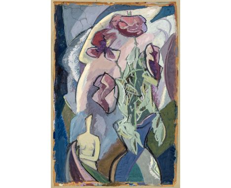 Hertzer, Else (Wittenberg, Berlin 1884-1978) Stillleben mit Blumen und Figur  2x sign. u. dat. 1958. Gouache auf braunem Pack