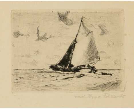 Folkerts, Poppe (Norderney 1875-1949) Segelboot mit Beiboot im Schlepptau auf See  Radierung. Bleistift sign. "rad. Poppe Fol
