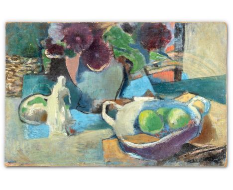 Krauskopf, Bruno (Marienburg/Westpr., Berlin 1892-1960) Stillleben mit Obstschale und Blumenvase  Sign. (schwer lesbar). Ölst