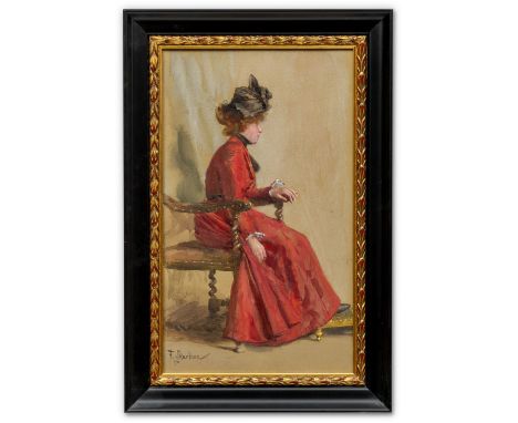 Skarbina, Franz (Berlin 1849-1910) "Dame in roth"   Junge Frau in Seitenansicht auf Armlehnstuhl sitzend. Sign. u. dat. 1900.