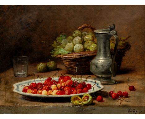 Huber, Léon (Paris 1858-1928) Stillleben mit Schale Süßkirschen, Zinnkrug, Pflaumenkorb und Glas  Sign. Öl auf Lwd. 50×65,5 c