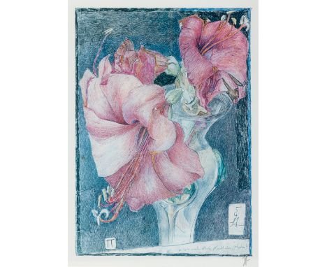 Janssen, Horst (Hamburg 1929-1995) Vase mit Amarylis   1981 "+ wie viele Mal kräht der Hahn?". Farboffsetdruck. Bleistift sig