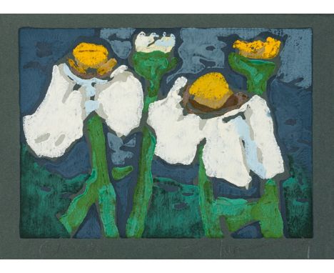 Fussmann, Klaus (geb. 1938 in Velbert) Margeriten   Farblinolschnitt auf blaugrauem Bütten. 15×21 auf 19×25 cm. Sign., dat. (